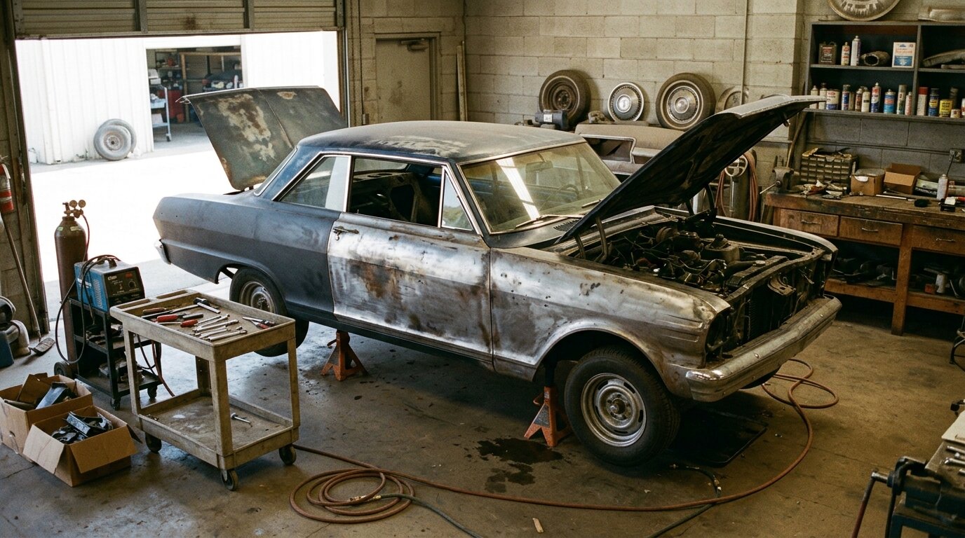 Illustrated — a classic car under restoration in a shop, panels in bare metal, hood and trunk open
