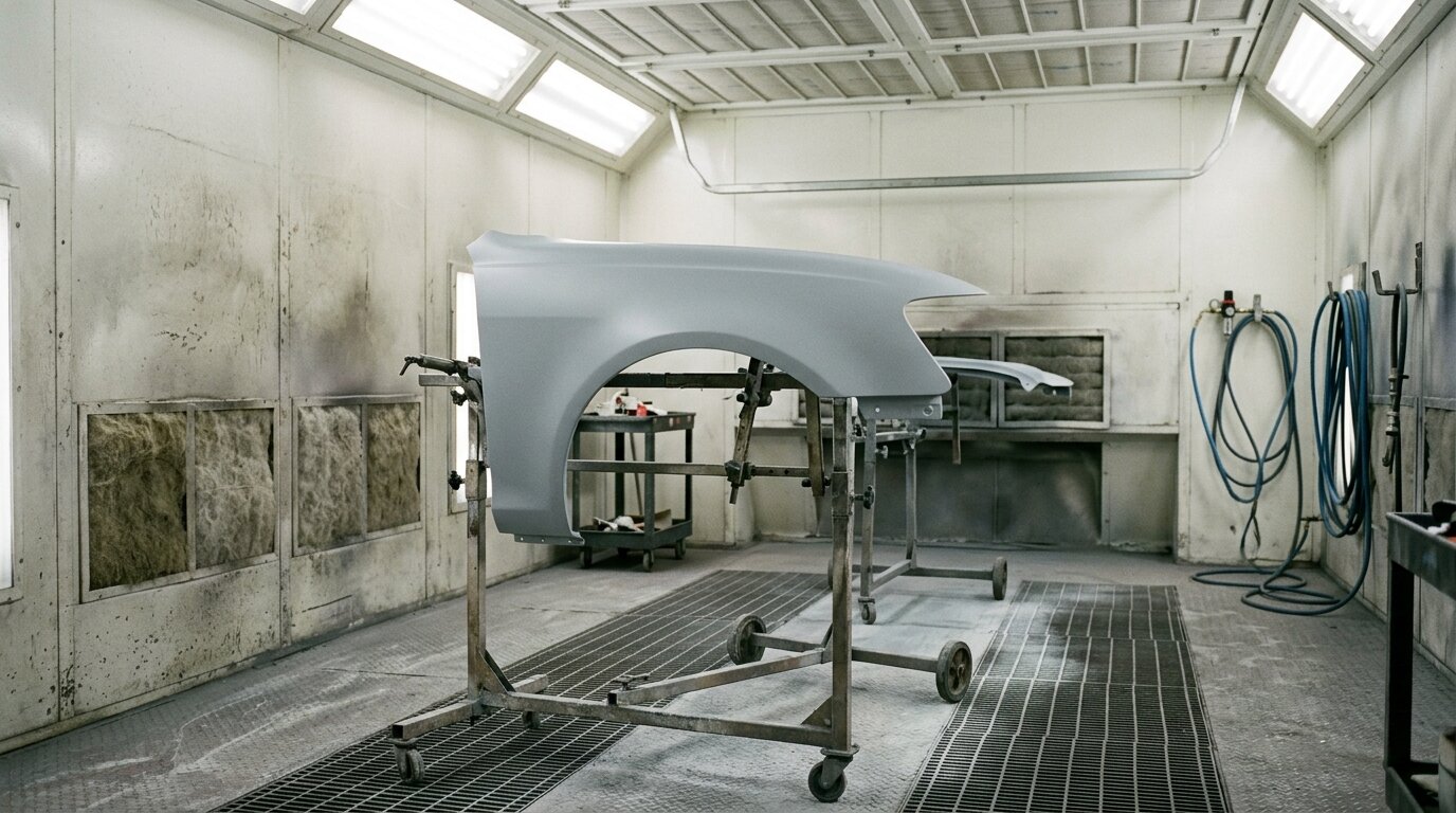 Illustrated — a primed fender on a stand inside a paint booth
